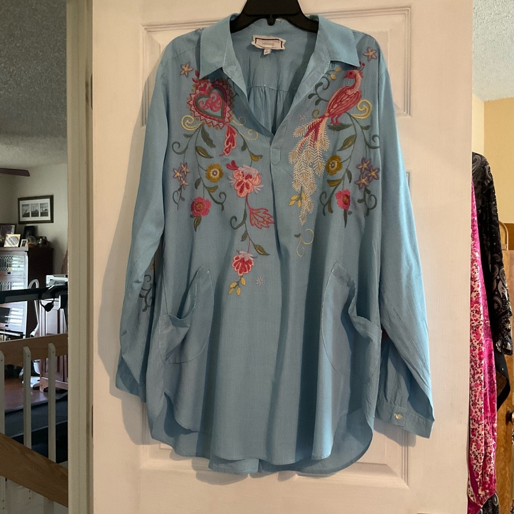 Johnny Was Embroidered Blue Women's Tunic, XL